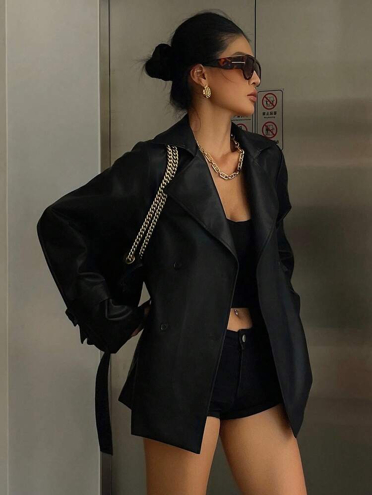 DAZY 女士休闲系带翻领西装外套，常规版型，秋季女式外套 - 黑色 - 查看 8