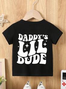 Baby Boys' Casual Fashion Creative Star Shaped Funny Letter Slogan Graphic Print Basic Short Sleeve T-Shirt, Summer Daddy's Lil Dude Shirt Baby Boy Tee Graphic - Black - View 3