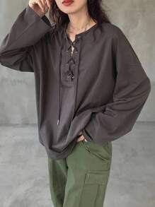 FRIFUL Áo thun dài tay cổ rút dây màu đen trơn cho nữ, dáng rộng, dễ mặc, đa năng, mùa thu - màu đen - Xem 3