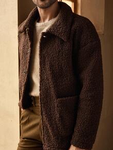HIMLAND 男士休闲蓬松翻领宽松落肩长袖抓绒外套，棕色泰迪熊外套，男士羊羔绒外套，秋季时尚大地色系，冬季
