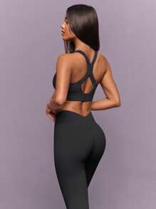 GLOWMODE 24" FeatherFit™-Sculpt Power Form Soft Stretchy Compressive Crossover Back Leggings High-Impact Running Jogging Training Gym Studio Daily Active Wear - Dark Grey - View 8