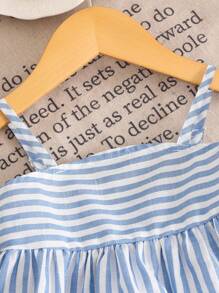 SHEIN Young Girl's Casual Vacation College Commute Street Fashion Camisole Splice A-Line Woven Blue White Striped Top And Matching Splice Wide Leg Pants Set Girls Blue Striped Two Piece Outfit Girls Summer Outfit Blue And White Striped Pants Set Girls Kids Striped Wide Leg Pants Outfit