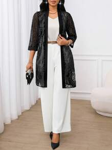SHEIN Lady Women's Elegant Black Tea Party Cardigan,Shiny Shimmering Filigree Fabric Thin Midi Jacket,Lightweight Autumn Winter Clothes Casual Vacation Simple - White - View 7