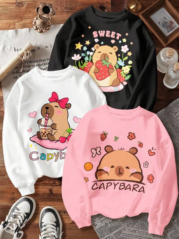 3pcs/Set Young Girl Cute Capybara Printed Thick Fleece Lined Long Sleeve Sweatshirts, Suitable For Autumn/Winter, Easy Comfort, Autumn Layers For, Stylish, Casual Wear, Graphic Clothes, Back To School, Fall Clothes, Homecoming, Outdoor Picnic, Street Style, Home, Campus, Chill Chill