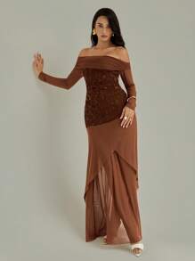 Modelyn 女士纯色刺绣露肩优雅中长连衣裙，时尚、休闲、优雅的女士秋季连衣裙，适合派对、生日和晚会，万圣节服装，以及适合妈妈的连衣裙。时尚、优雅的女士亮片印花植绒面料和弹力面料连衣裙。 - 棕色 - 查看 6