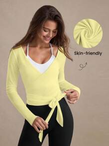 Eassivo Eassivo Camiseta deportiva de manga larga con nudo delantero de punto texturizado para mujer, versátil para todas las estaciones, top deportivo amarillo para mujer, tops de yoga, top deportivo de manga larga amarillo