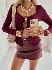 Siren Gaze Autumn/Winter New V-Neck Hollow Metal Buckle Long Sleeve T-Shirt For Women, Wine Red Chic Top Rich Woman Clothes Bling Top Christmas Burgundy Burgundy Casual - Burgundy - View 4