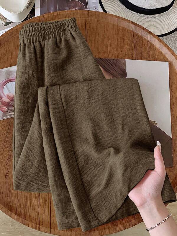Rusticease Pantalones anchos de cintura elástica de unicolor informal y versátil para mujeres