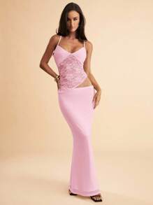 SHEIN BAE 夏季海滩度假纯黑色蕾丝性感透视吊带长裙，适合日常约会、夜间外出、夜总会、派对、聚会、鸡尾酒会、泳池派对、返校季服装、学校季连衣裙、节日连衣裙女士连衣裙 - 淺粉色 - 查看 5