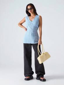 LYSMO Fashionable V-Neck Floral Striped Embroidered Top For Women - Blue - View 5