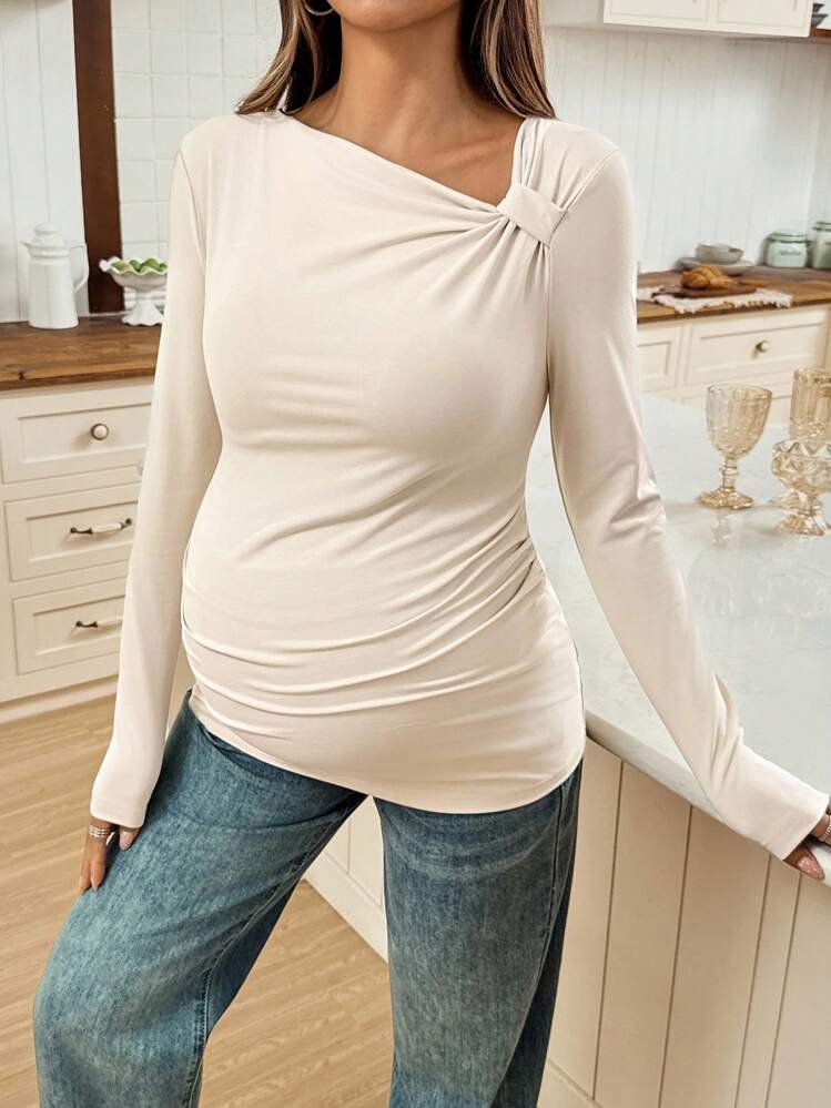 SHEIN Áo thun dài tay ôm vai màu trơn đơn giản dành cho bà bầu - Màu be - Xem 7