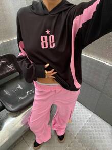 SHEIN Explorewe Streecool 儿童和青少年两件套：宽松连帽衫，带图案印花和工装裤，适合春秋季休闲装，适合上学和日常穿着 - 玫紅色 - 查看 4