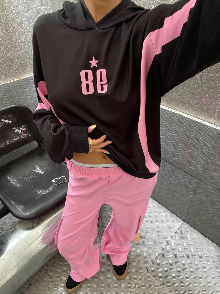 SHEIN Explorewe Streecool 儿童和青少年两件套：宽松连帽衫，带图案印花和工装裤，适合春秋季休闲装，适合上学和日常穿着 - 玫紅色 - 查看 4