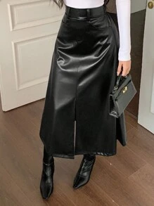 DAZY Falda larga elegante de cintura alta con abertura en A, de piel sintética (PU) para otoño e invierno - Negro - Ver 4