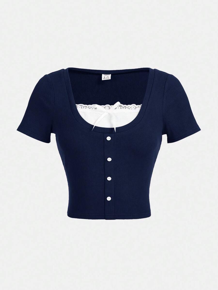 SHEIN Girlism Camiseta de manga corta con cuello en U, decoración de lazo y bloqueo de color, dulce y linda para adolescentes, verano