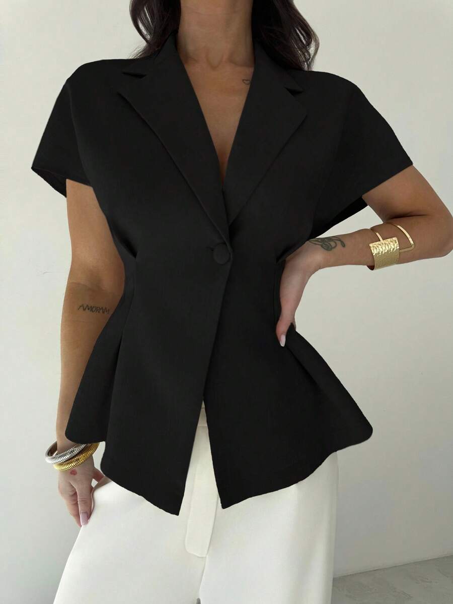 Firerie 女士休闲/办公亚麻束腰短袖西装外套，杏色，秋冬夏季 - 黑色 - 查看 1