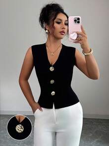 Franclia Women's Casual Solid Color Shoulder Fitted Metal Button Sleeveless Knit Vest, Autumn/WinterWomen's Autumn Clothingautumn Fall Clothes For Women Fall Autumn Clothes Fall Outfits For Women Autumn Outfits For Women Fall Clothes Autumn Women  Fall Women Clothes Autumn Clothing Elegant Fashionable Casual Commuting Business Office Daily Leisure All-Match Temperament Urban Teacher Professional Attire