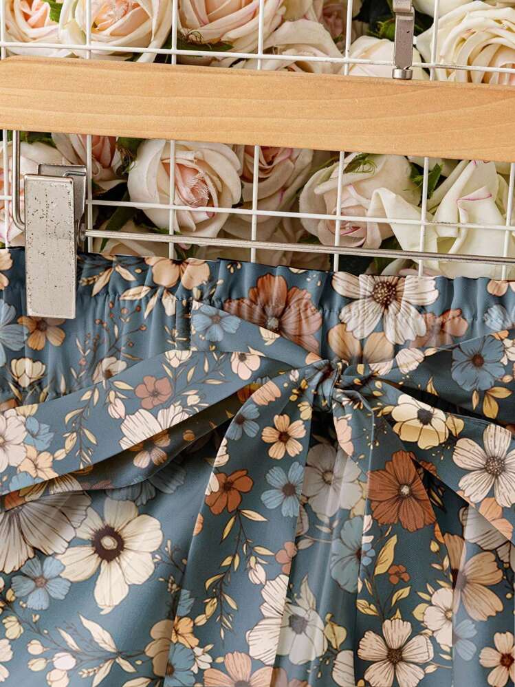 SHEIN LUNE 休闲复古花卉图案女士腰系带宽松裤，适合秋夏季 - 藍色 - 查看 3