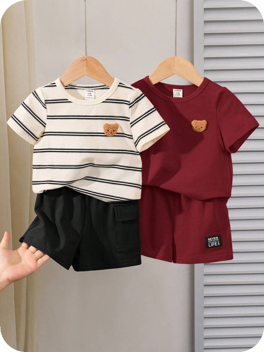 SHEIN 4 件套男童/女童韩版休闲可爱卡通条纹短袖 T 恤和松紧腰工装短裤夏季服装 - 彩色 - 查看 1