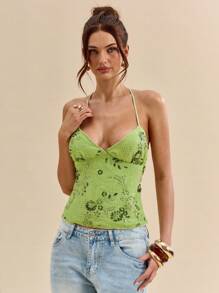 SHEIN BAE 1件女士纯色纹理提花吊带上衣，吊带飘逸上衣，提花上衣，春夏款 - 橄欖綠 - 查看 3