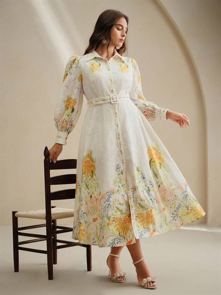 Große Größen Französischer Einreihiger Laternärmel Hemdkragen Gürtel Blume Muster Loose Maxi Kleid, Frühlings-Outfits für Frauen