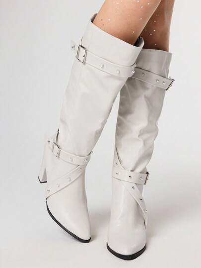 Grunge Punk 2025 New Chunky Heel Pointed Toe Thigh High Boots For Women, Buckle Strap Non-Slip Versatile Riding Boots