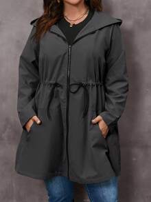 EMERY ROSE Jaket Kasual Wanita Ukuran Besar Lengan Panjang Warna Polos dengan Tali Serut di Pinggang dan Resleting Depan, Pakaian Musim Gugur untuk Wanita - Dark Grey - View 7
