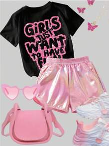 SHEIN 1pc Girls' Casual Cute Cartoon Cat Print Round Neck Short Sleeve T-Shirt, Spring/Summer Vacation Summer Holiday