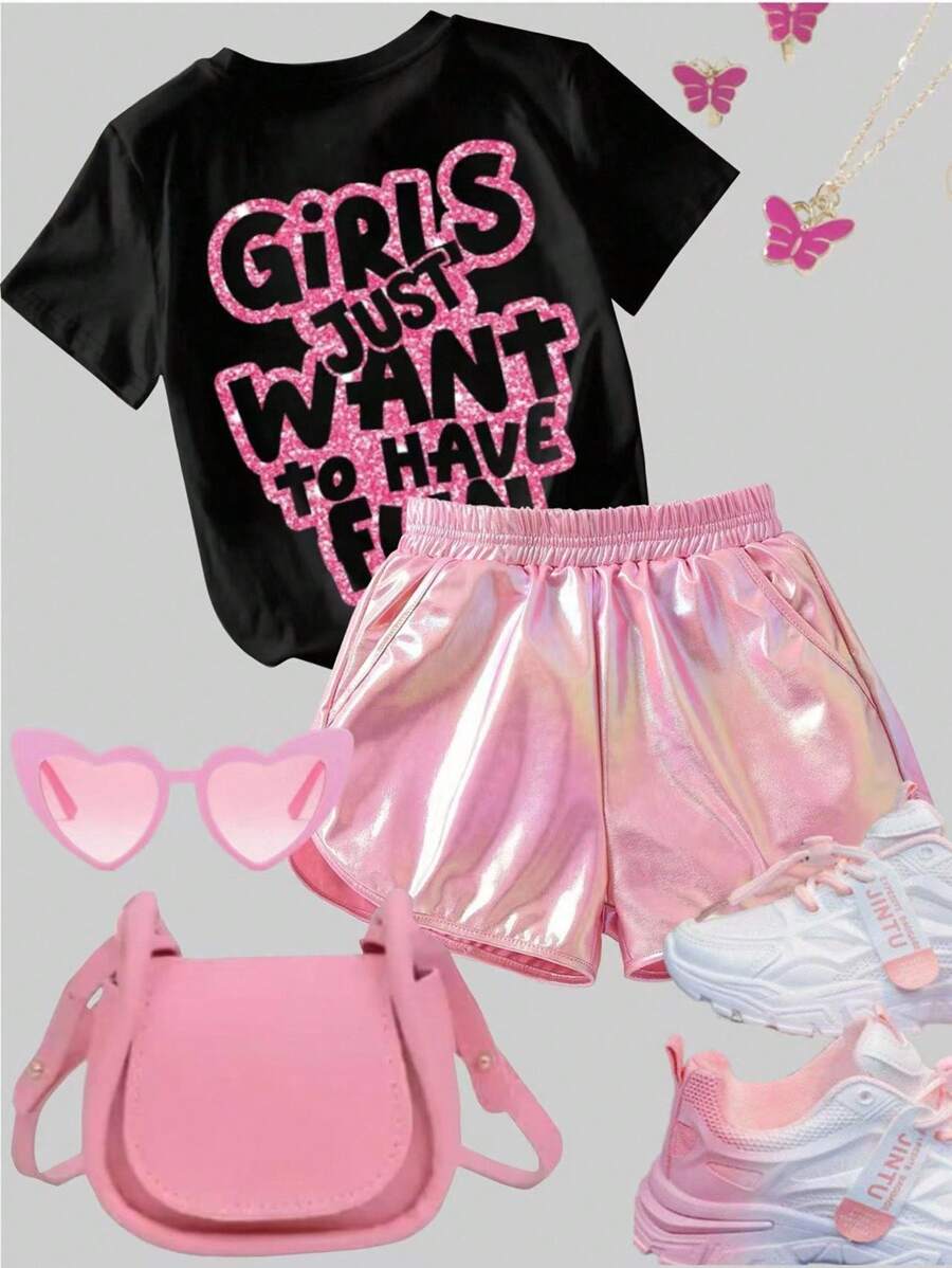 SHEIN 1pc Girls' Casual Cute Cartoon Cat Print Round Neck Short Sleeve T-Shirt, Spring/Summer Vacation Summer Holiday