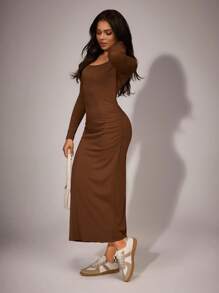 SHEIN Women's Slim Fit Long Round Neck Side Ruched Back Slit Hem Casual Dress, Fall
