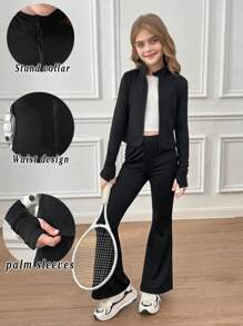 SHEIN 青少年女孩针织舒适贴身小高领拉链夹克和紧身喇叭裤两件套运动休闲套装，秋冬 - 黑色 - 查看 3
