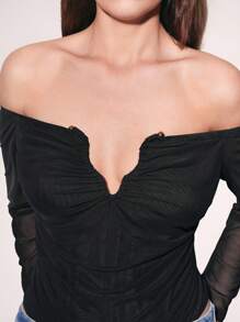 Maija Women's Elegant Ruched Neckline And Mesh Long Sleeve Plus Size Bodysuit - Black - View 2