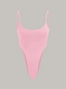 SHEIN EZwear Bộ đồ liền thân dây mảnh màu hồng giản dị tối giản gợi cảm dành cho nữ, thích hợp cho mùa hè - Hồng - Xem 2