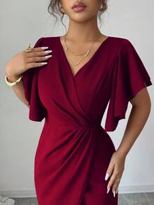 Elenzga Ruffled Sleeve V-Neck Waist Fitted Mermaid Hem Elegant Romantic Women Dress