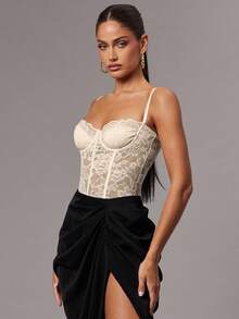 Silquee 红色性感蕾丝紧身衣，蕾丝拼布细肩带迷人透视紧身长袖紧身衣，适合日常穿着、约会之夜、外出 - 杏色 - 查看 5