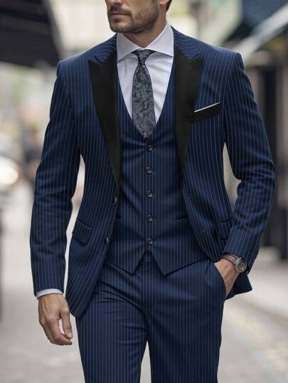 Calvornis 男士条纹翻领长袖夹克和裤子商务套装，老款风格