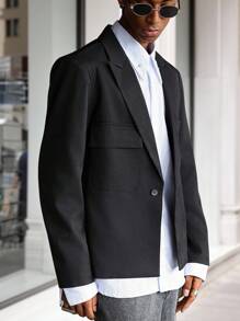 Manfinity Hypemode Men's Street Style Suit Blazer, Men's Fashionable Long Sleeve Blazer With Pocket Design, Excellent Gift For Men , Men Baggy Suit , Smart Casual , Black - Black - View 4