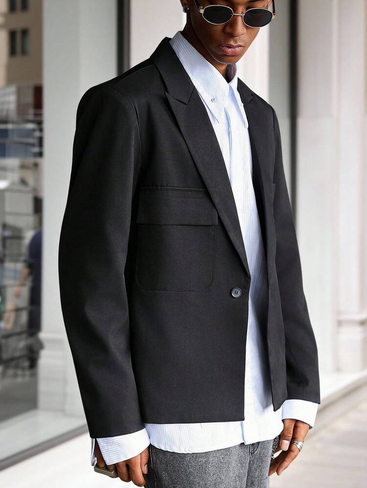 Manfinity Hypemode 男士街头风西装外套，时尚长袖口袋西装外套，男士精美礼物，宽松西装，休闲商务风，黑色 - 黑色 - 查看 4