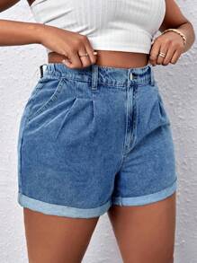 SHEIN SXY Plus Size Women's Pocketed Pleated Loose Casual Versatile Denim Shorts