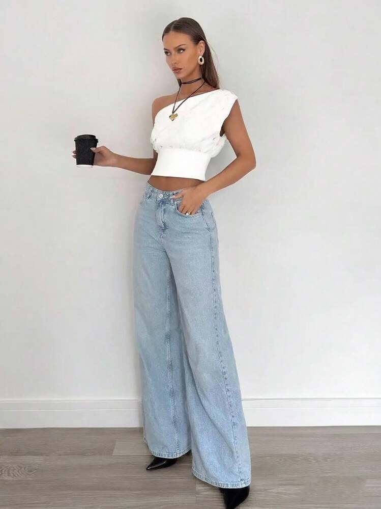 Siren Gaze Blusa corta casual y elegante con pliegues asimétricos para mujer, adecuada para el verano y el uso diario - Blanco - Ver 4