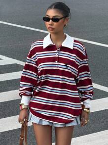 Muchica Women's Casual Back-To-School Merlot Wine Red Colorblock Striped Long Sleeve T-Shirt,Embroidered Horse Polo Shirt,Old Money Autumn School Burgundy - Multicolor - View 4