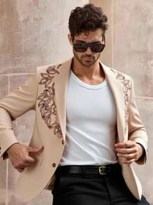 HIMLAND Retro Print Oversized Loose Casual Suit Jacket For Men, Spring/Autumn' Cream Suit Men Beige Suit For Men Men Fashion Blazer Wedding Jacket For Men Embroidered Blazer Men