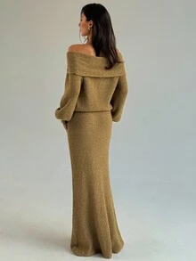 Aloruh 秋冬新款燕麦色露肩灯笼袖修身套头针织毛衣和加长美人鱼下摆中裙套装 - 杏色 - 查看 3