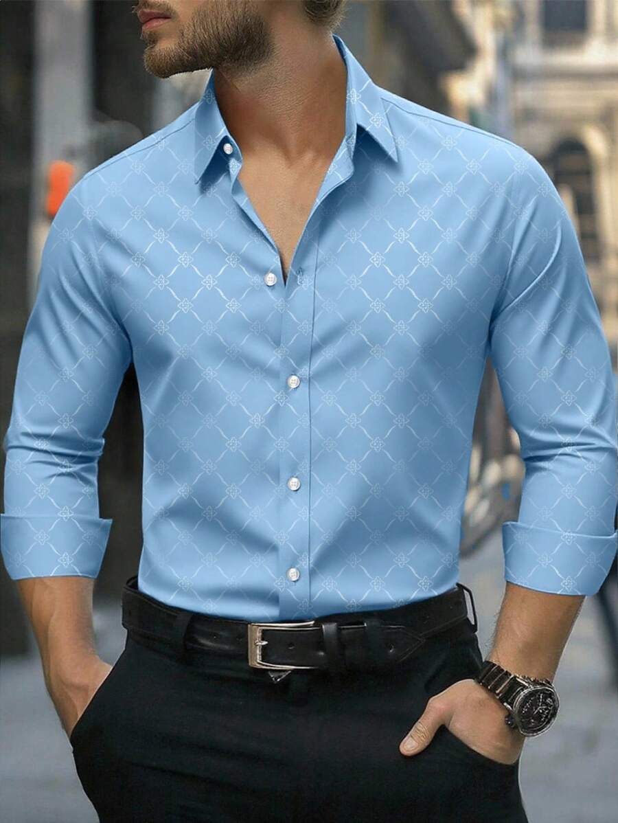 Manfinity Mode Men's Button Down Long Sleeve Slim Fit Business Formal Dress Shirt,Long Sleeve Men Shirt Light Blue Shirts For Men Baby Blue Dress Shirt Men Light Blue Dress Shirt Light Blue Patterned Dress Shirt Business Casual Light Blue Shirt, For Fall - Blue - View 1