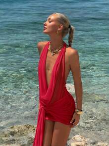 SHEIN ICON Women's Red Sheer Deep Draped Neck Ruched Tie Waist Backless Bodycon Mini Dress Draped Dress,Party Dresses For Women,Dresses For Women Party - Red - View 9