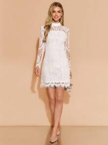 Amorya Women's Elegant Lace Trim Hem Dress, New Arrival Autumn, White Lace Sleeve Dress White Lace Dress White Cocktail Dress Lace Dress Women White Lace Mini Dress White Party Dress  Dirndl    Homecoming Dress White Long Sleeve Lace Dress White Dress Chic Autumn - White - View 4