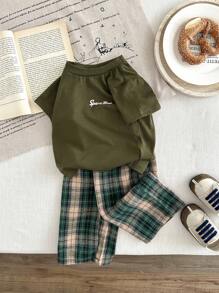 SHEIN 2pcs Baby Boy Toddler Newborn 0-3 Years Old Casual Long Sleeve T-Shirt + Plaid Pants Set, Suitable For Autumn/Winter And All Seasons