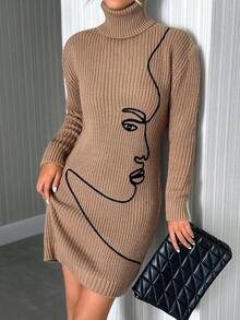 SHEIN Tall Vestido de malha justo com gola alta e manga comprida com estampa de rosto feminino - Castanho Café - Ver 3