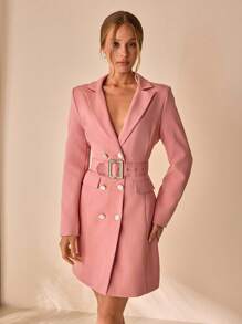 Women, Autumn, Jacket, Long Sleeve, Pink, Pocket, Belted, Button, Casual - Pink - View 4