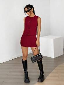 SHEIN EZwear 女士勃艮第色单排扣背心和裙子休闲两件套 - 酒紅色 - 查看 3